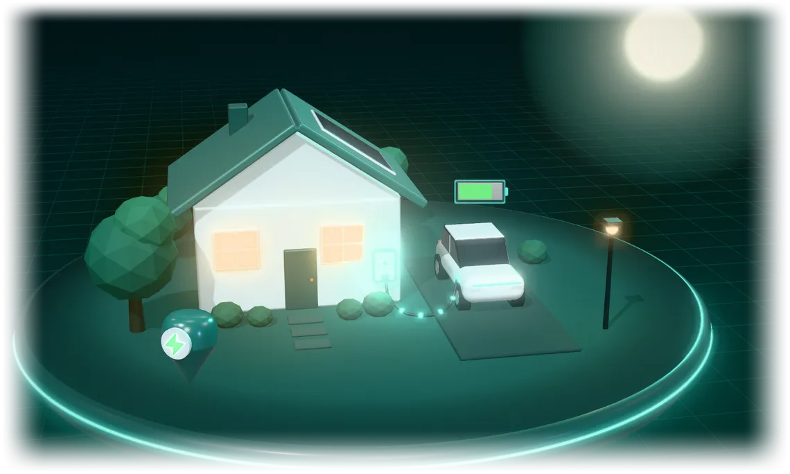 A 3D model of a house at night: solar panels on the roof, an electric car charging on the drive from a wall charger, a battery gauge, the moon and a map pin on the lawn.