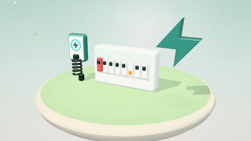 3D illustration of a consumer unit, a wall-mounted home charger and a lightning bolt on a floating island in daylight