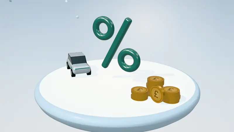 3D illustration of a percentage sign, a silver electric car and stacks of pound coins on a floating island in daylight