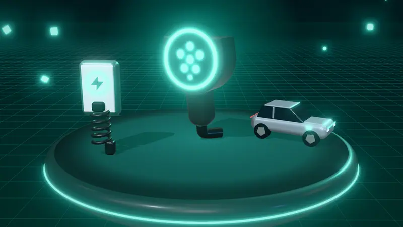 3D illustration of a Type 2 charging plug, a silver electric car and a wall-mounted home charger on a floating island at night