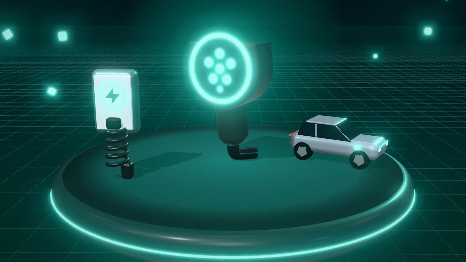 3D illustration of a Type 2 charging plug, a silver electric car and a wall-mounted home charger on a floating island at night