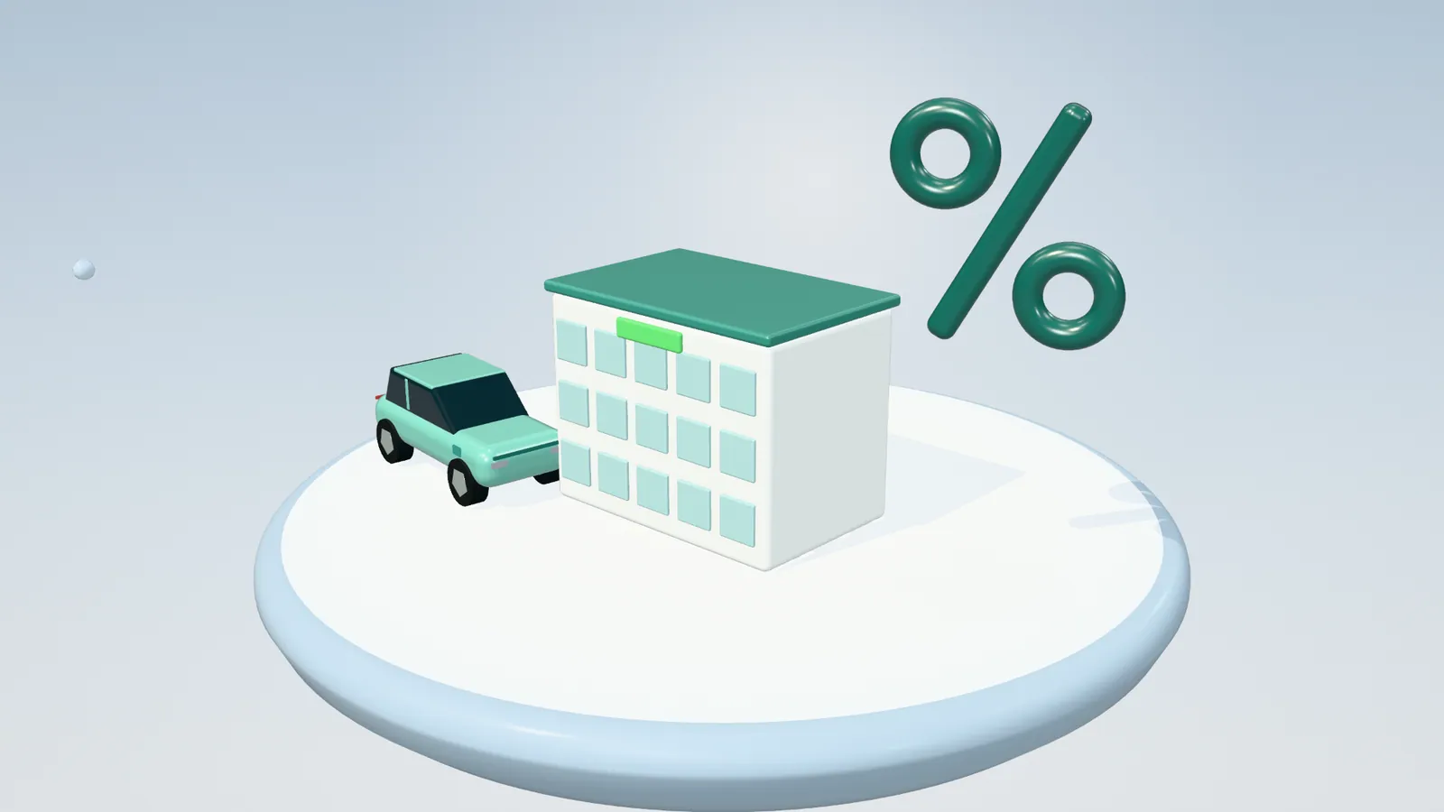 3D illustration of an office building, a mint green electric car and a percentage sign on a floating island in daylight