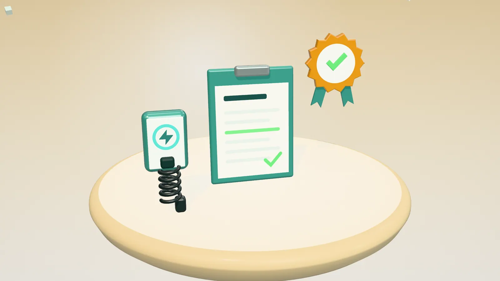 3D illustration of a clipboard with a form, an approval seal and a wall-mounted home charger on a floating island in daylight