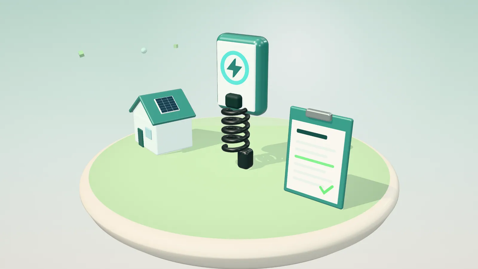3D illustration of a wall-mounted home charger, a house with solar panels and a clipboard with a form on a floating island in daylight