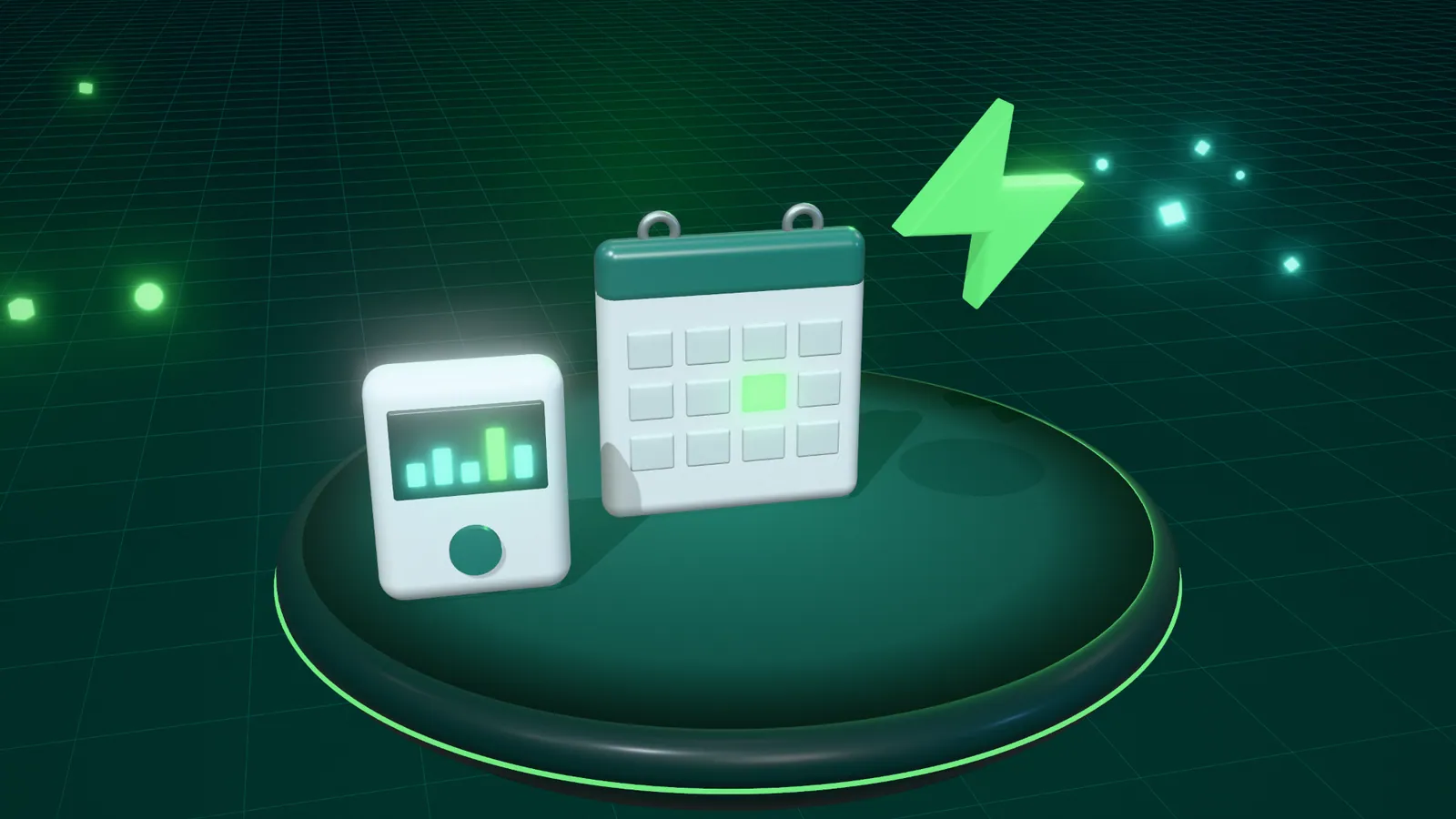 3D illustration of a calendar, a lightning bolt and a smart meter on a floating island at night