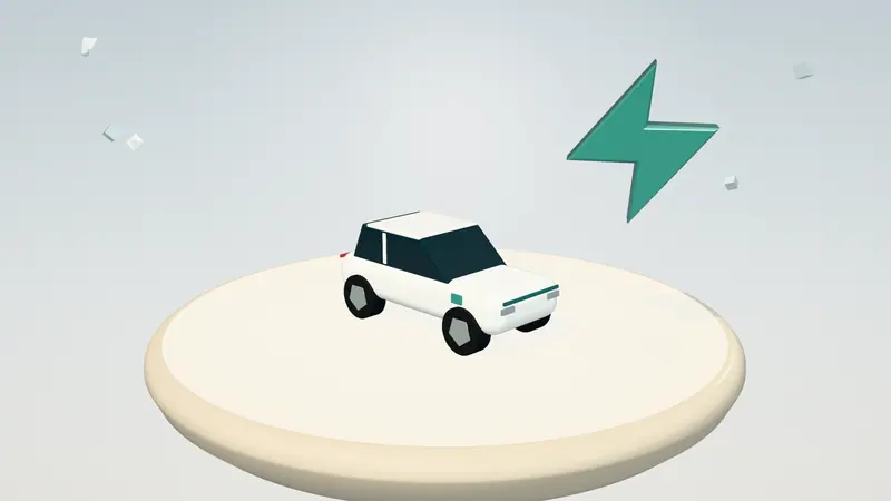 3D illustration of a white electric car and a lightning bolt on a floating island in daylight