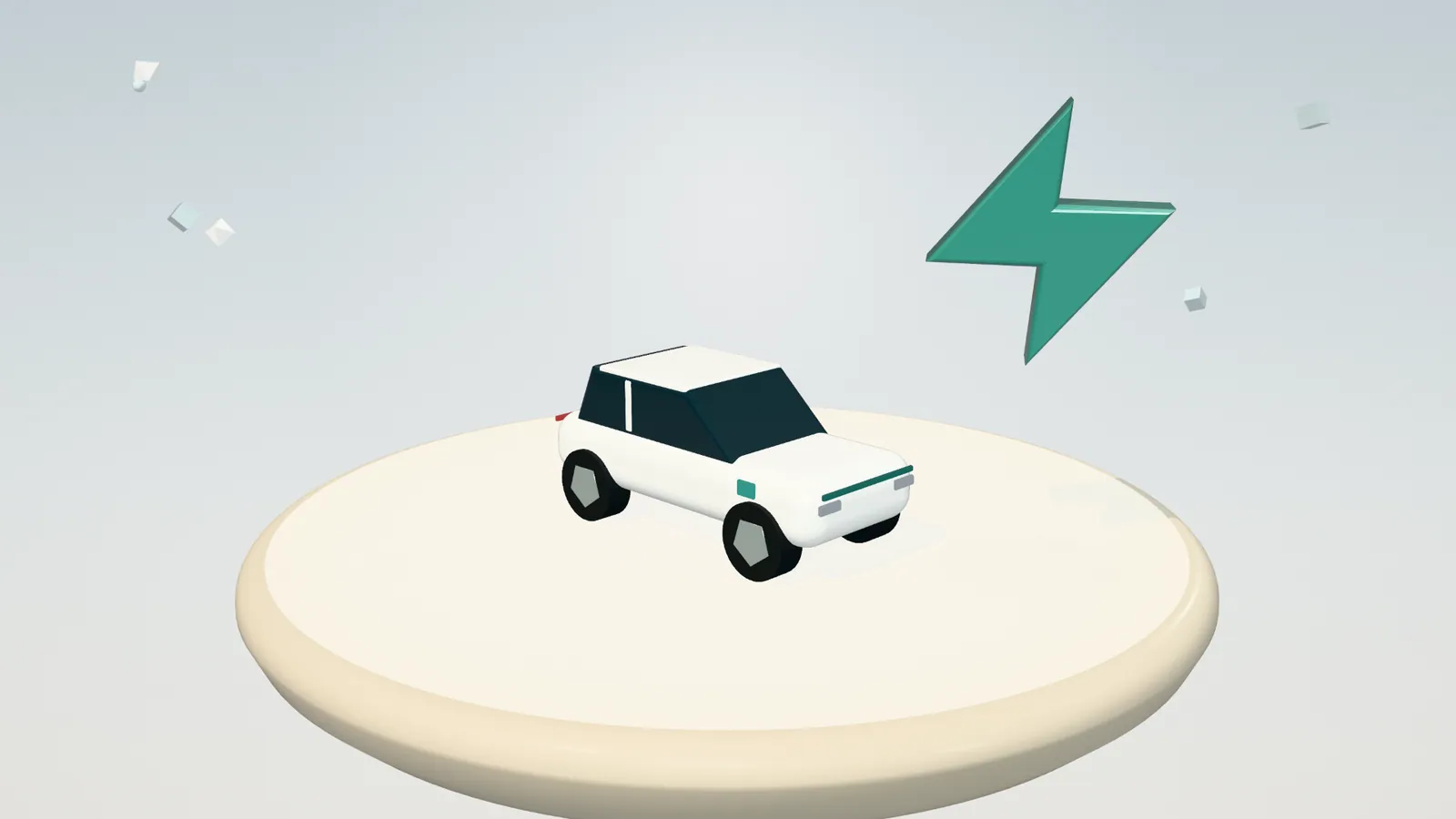 3D illustration of a white electric car and a lightning bolt on a floating island in daylight