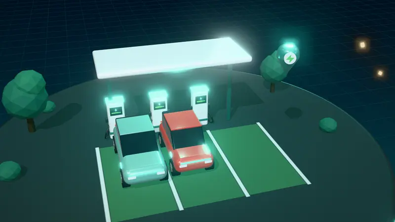 3D illustration of a public charging hub with rapid chargers under a canopy and electric cars in green bays at night, with a map pin