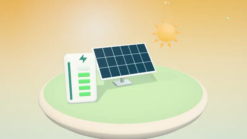 3D illustration of a solar panel, the sun and a home battery on a floating island in daylight