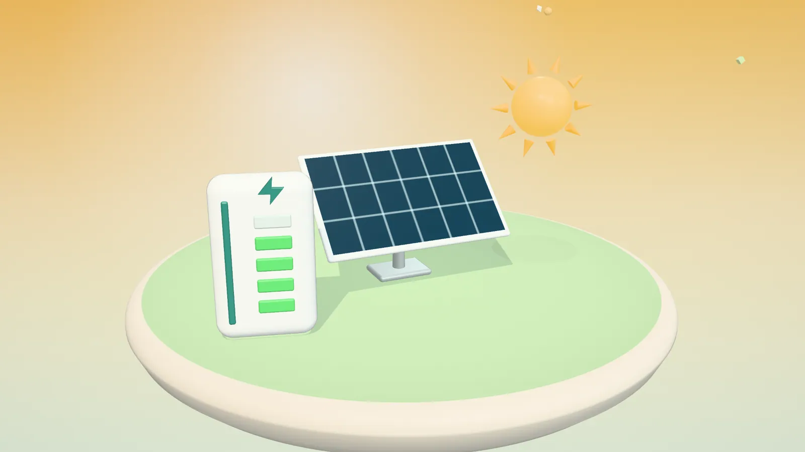 3D illustration of a solar panel, the sun and a home battery on a floating island in daylight