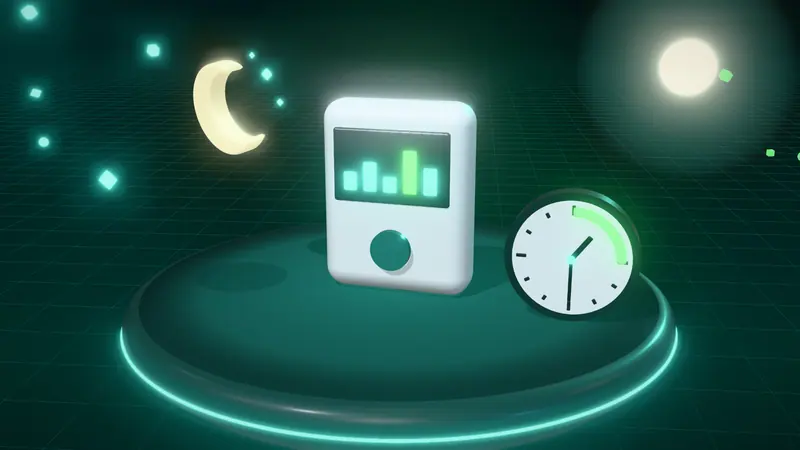 3D illustration of a smart meter, a crescent moon and a clock with the overnight window lit on a floating island at night