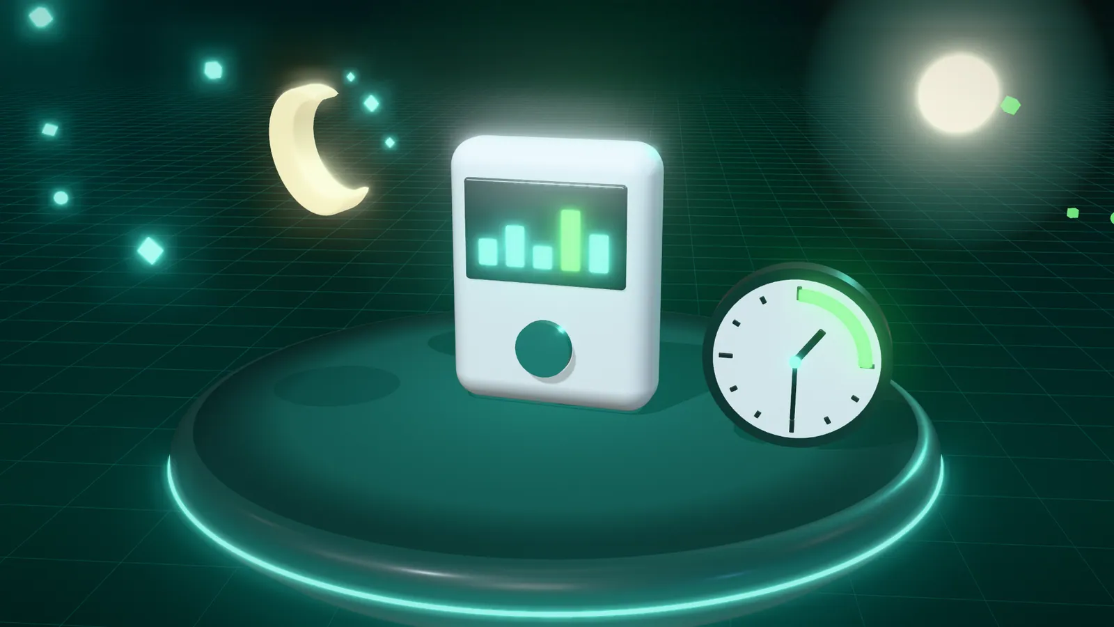 3D illustration of a smart meter, a crescent moon and a clock with the overnight window lit on a floating island at night