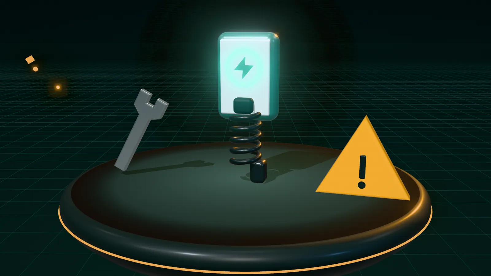 3D illustration of a wall-mounted home charger, a spanner and a warning sign on a floating island at night