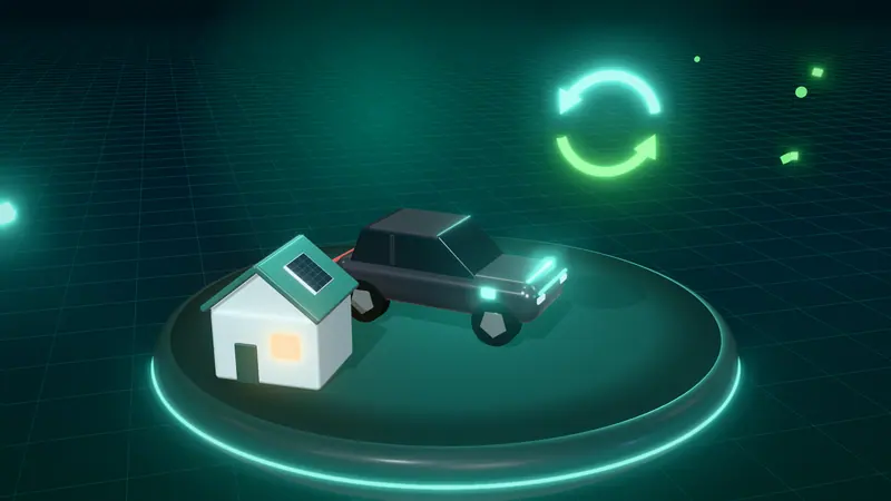 3D illustration of a dark grey electric car, two-way energy arrows and a house with solar panels on a floating island at night