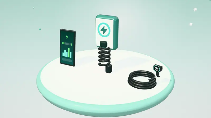 3D illustration of a wall-mounted home charger, a smartphone app and a coiled charging cable with a plug on a floating island in daylight