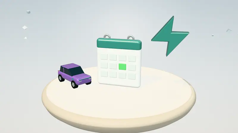 3D illustration of a calendar, a purple electric car and a lightning bolt on a floating island in daylight