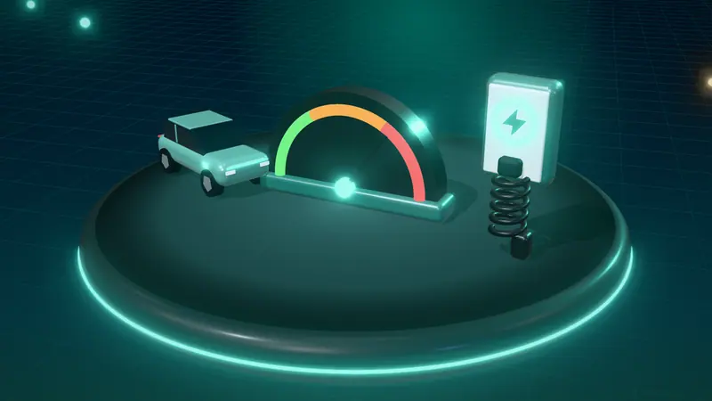 3D illustration of a speed dial, a mint green electric car and a wall-mounted home charger on a floating island at night