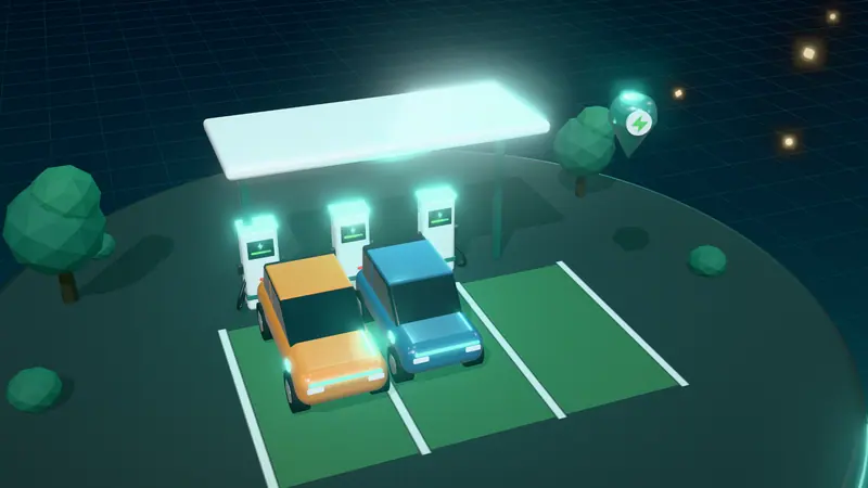3D illustration of a public charging hub with rapid chargers under a canopy and electric cars in green bays at night, with a map pin