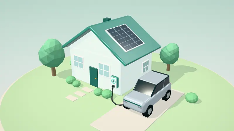 3D illustration of a silver electric SUV charging from a wall charger on the drive of a house in daylight