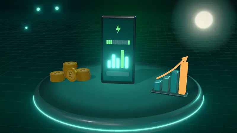 3D illustration of a smartphone app, stacks of pound coins and a bar chart on a floating island at night