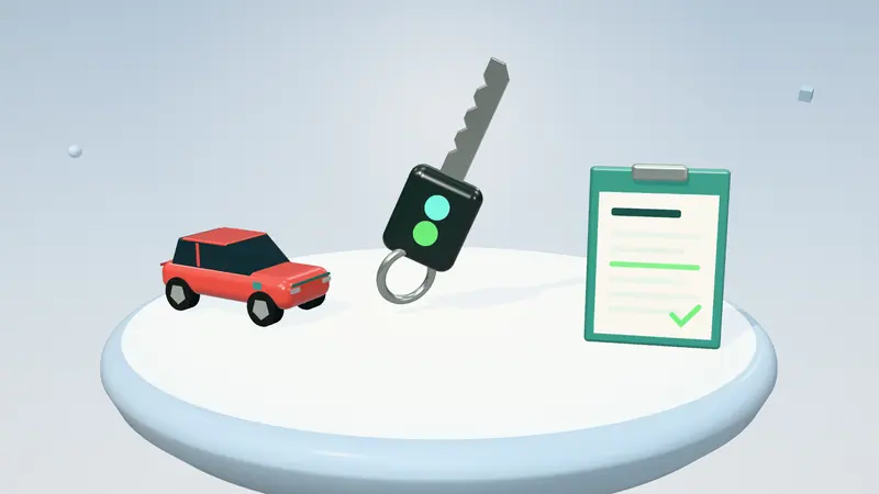 3D illustration of a car key, a red electric car and a clipboard with a form on a floating island in daylight