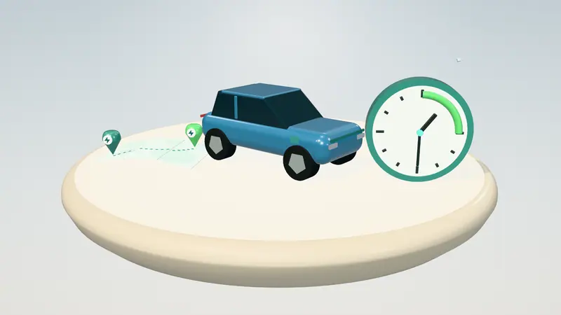 3D illustration of a blue electric car, a route map and a clock with the overnight window lit on a floating island in daylight