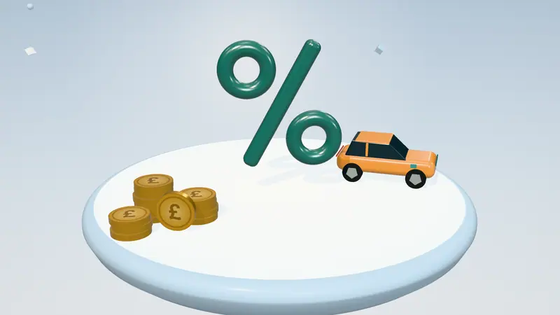 3D illustration of a percentage sign, a orange electric car and stacks of pound coins on a floating island in daylight