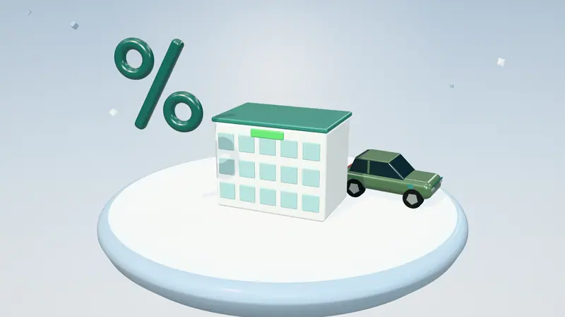 3D illustration of an office building, a green electric car and a percentage sign on a floating island in daylight