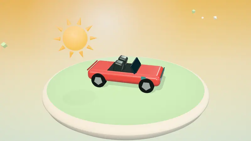 3D illustration of a red electric convertible and the sun on a floating island in daylight