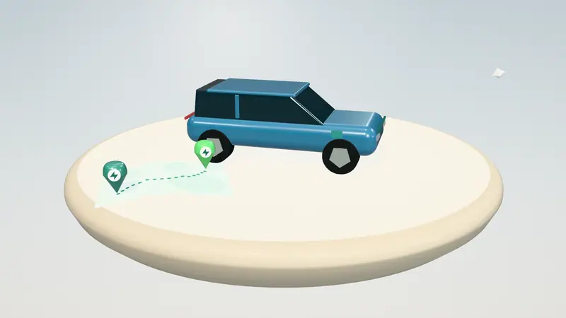 3D illustration of a blue electric estate car and a route map on a floating island in daylight
