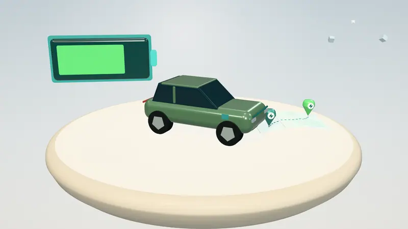 3D illustration of a green electric car, a route map and a battery gauge on a floating island in daylight
