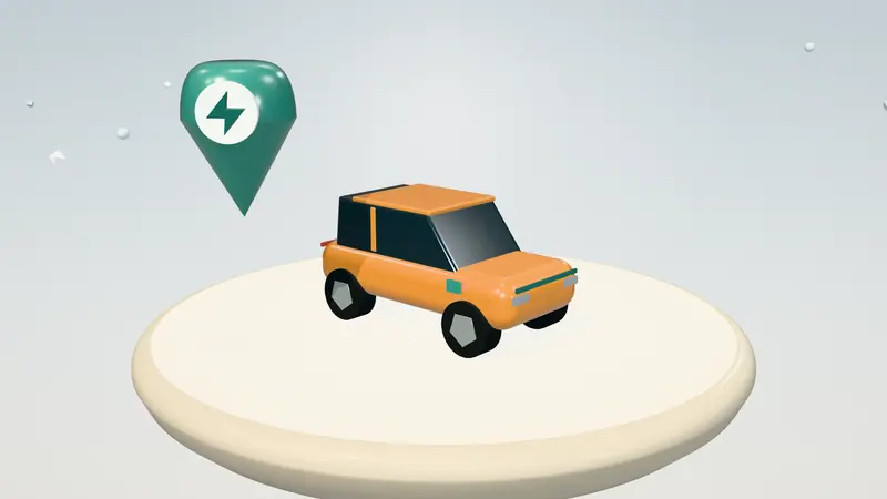3D illustration of a orange electric hatchback and a map pin on a floating island in daylight