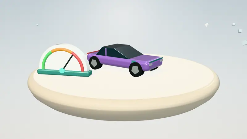 3D illustration of a purple electric sports car and a speed dial on a floating island in daylight