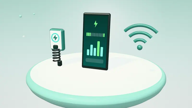 3D illustration of a smartphone app, a wall-mounted home charger and a wireless signal on a floating island in daylight