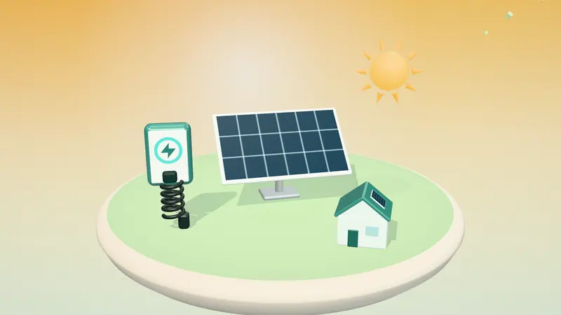 3D illustration of a solar panel, the sun, a wall-mounted home charger and a house with solar panels on a floating island in daylight