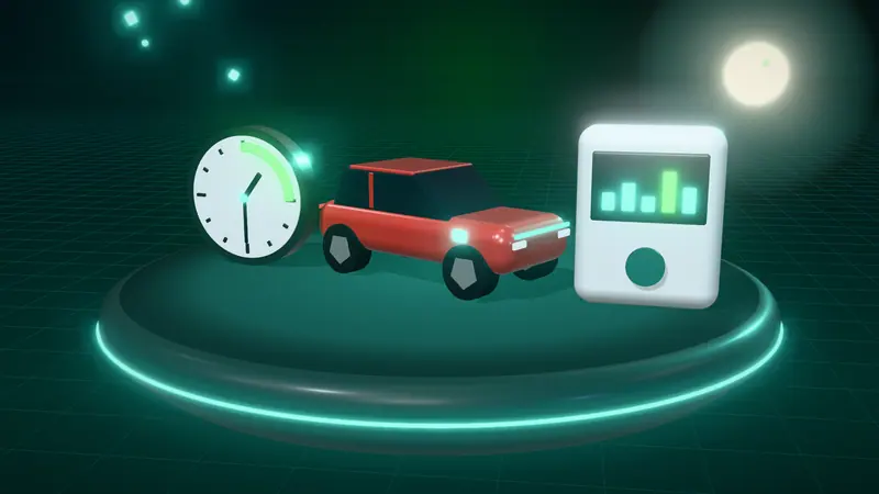 3D illustration of a red electric car, a clock with the overnight window lit and a smart meter on a floating island at night