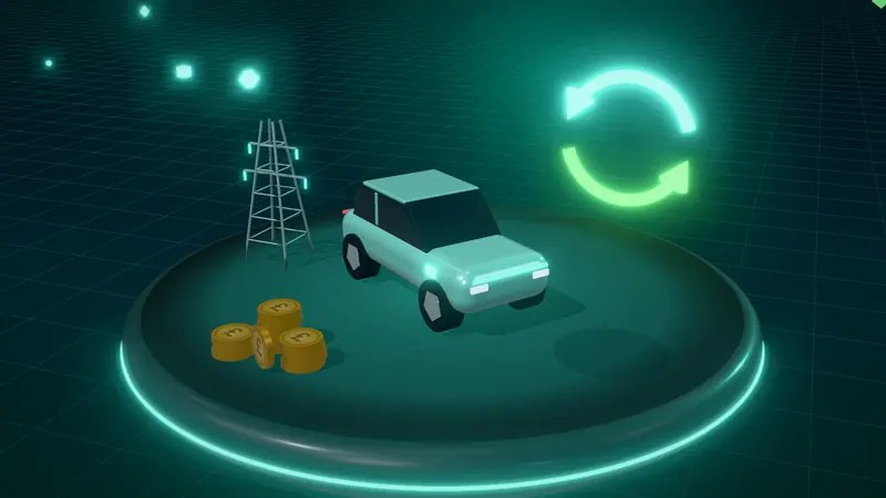 3D illustration of a mint green electric car, an electricity pylon, two-way energy arrows and stacks of pound coins on a floating island at night