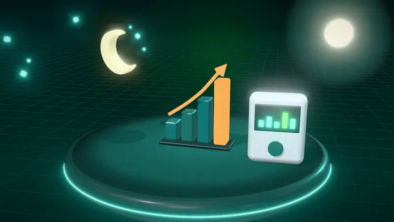 3D illustration of a bar chart, a crescent moon and a smart meter on a floating island at night