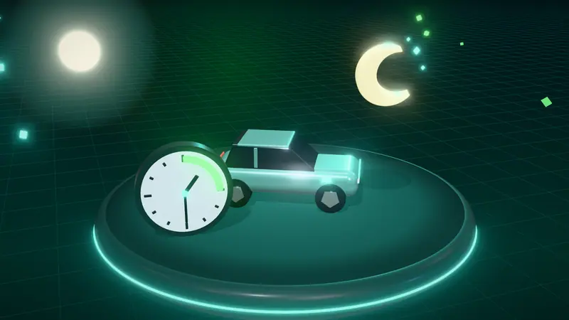 3D illustration of a mint green electric car, a crescent moon and a clock with the overnight window lit on a floating island at night
