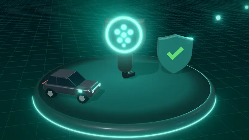 3D illustration of a Type 2 charging plug, a shield with a tick and a dark grey electric car on a floating island at night