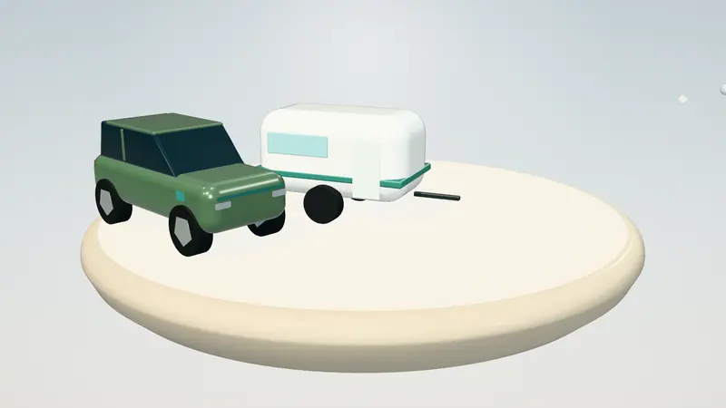 3D illustration of a caravan and a green electric SUV on a floating island in daylight