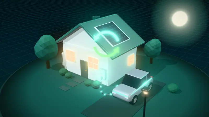 3D illustration of a silver electric car charging from a wall charger on the drive of a house at night, with two-way energy arrows between the car and the house and a home battery by the wall