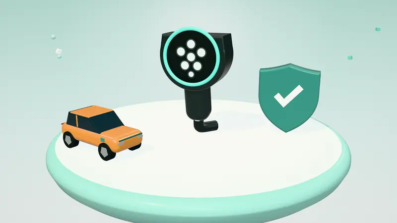 3D illustration of a Type 2 charging plug, a shield with a tick and a orange electric car on a floating island in daylight