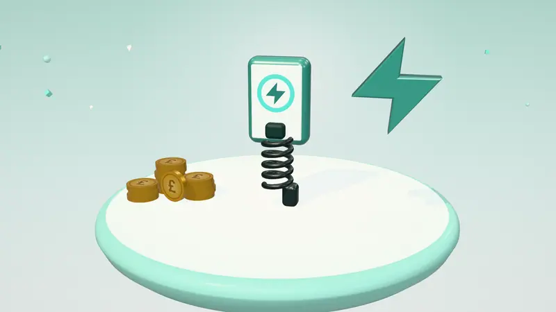 3D illustration of a wall-mounted home charger, stacks of pound coins and a lightning bolt on a floating island in daylight