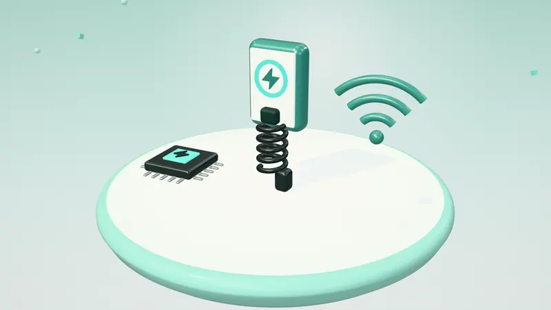 3D illustration of a wall-mounted home charger, a microchip and a wireless signal on a floating island in daylight