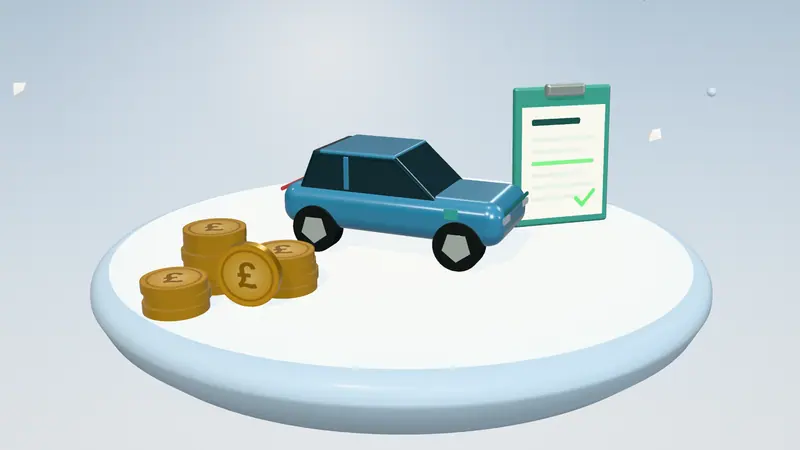 3D illustration of a blue electric car, a clipboard with a form and stacks of pound coins on a floating island in daylight