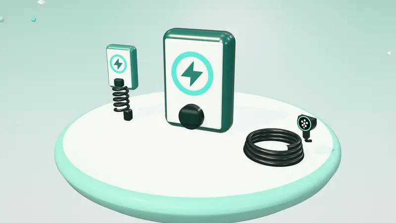 3D illustration of an untethered wall charger, a wall-mounted home charger and a coiled charging cable with a plug on a floating island in daylight
