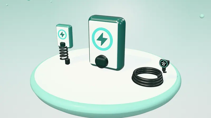 3D illustration of an untethered wall charger, a wall-mounted home charger and a coiled charging cable with a plug on a floating island in daylight