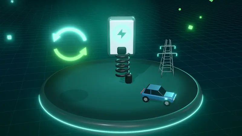 3D illustration of a wall-mounted home charger, an electricity pylon, two-way energy arrows and a blue electric car on a floating island at night