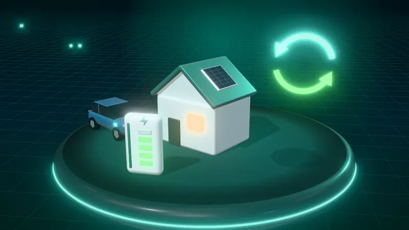 3D illustration of a house with solar panels, a blue electric car, two-way energy arrows and a home battery on a floating island at night